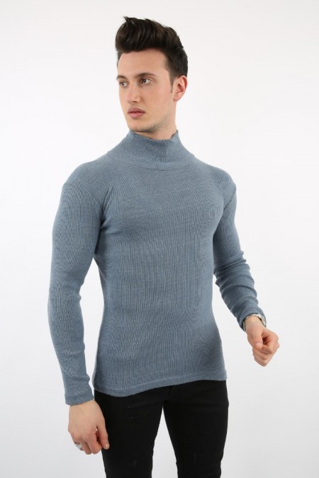 Likralı Boğazlı İndigo Sweat