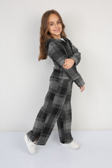 Şardonlu Pamuklu Jakar Kumaş Kareli 3 lü Gri Takım