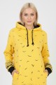 Kadın Sarı Martı Desenli Kapüşonlu Cepli Uzun Kollu Jakarlı İnterlok Penye Sweatshirt Elbise