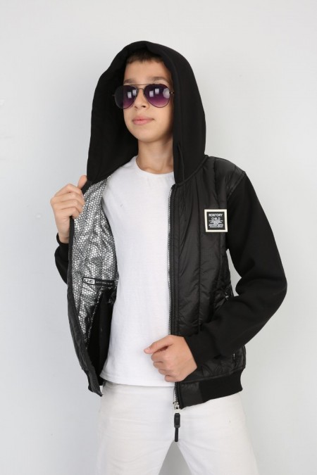 Üç İplik Kapşonlu Fermuarlı Baskılı Siyah Sweat