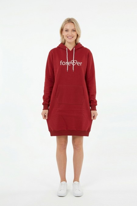 Kadın Bordo Forever Baskılı Kapüşonlu Kanguru Cepli Uzun Sweatshirt Tunik Elbise