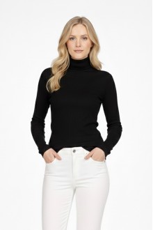 Kadın Siyah Balıkçı Yaka Uzun Kollu Fitilli Slim Fit Şık Günlük Triko Body