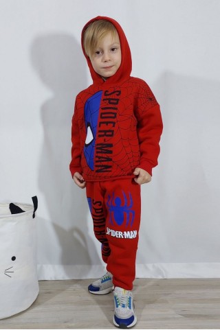 Üç İplik Şardonlu Kapşonlu Baskılı Kırmızı Takım 