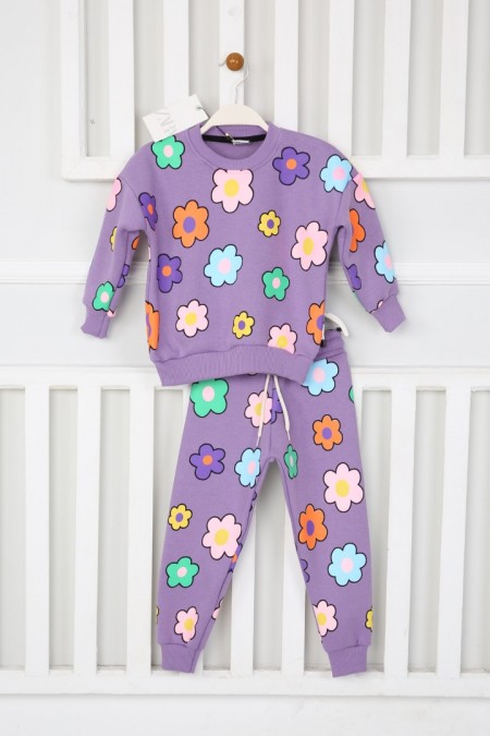 Üç İplik Şardonlu Baskılı Lila Takım 