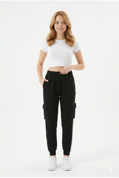 Kadın Şeritli Kargo Cepli Rahat Kesim Lastik Paçalı Günlük Spor Alt Eşofman