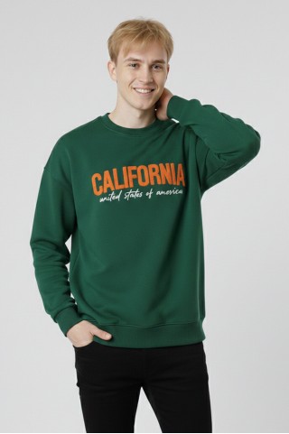 Erkek Yeşil Oversize Bisiklet Yaka California Nakış Baskılı Pamuklu Sweatshirt