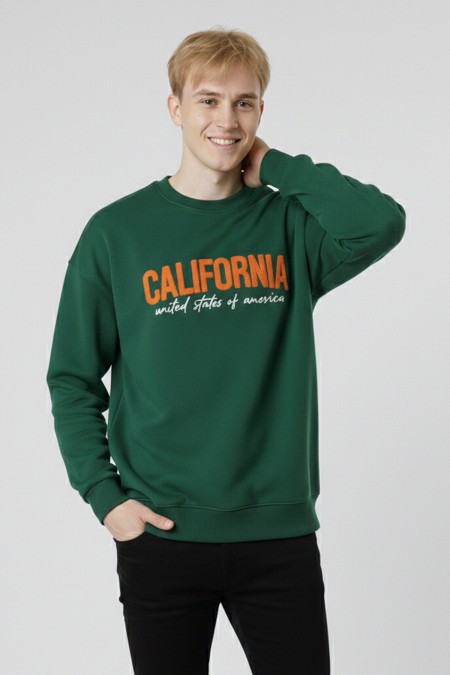 Erkek Yeşil Oversize Bisiklet Yaka California Nakış Baskılı Pamuklu Sweatshirt