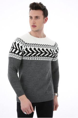 Desenli Kalın Gri Kazak