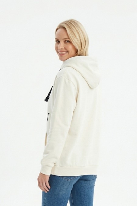 Kadın Beyaz Queen Yazılı Taç Baskılı Kapüşonlu Kanguru Cepli Sweatshirt