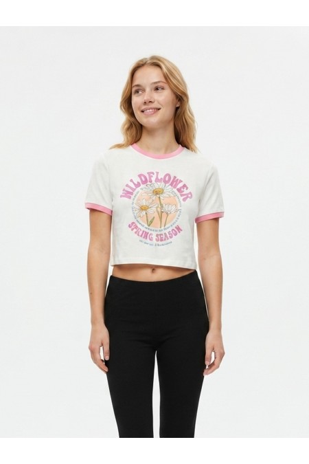 Kadın Papatya Baskılı Bisiklet Yaka Kısa Kollu Pamuklu Ringer Crop Tişört