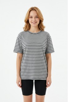Kadın Yatay Çizgili Bisiklet Yaka Slim Fit Pamuklu Kısa Kollu Yazlık Tişört