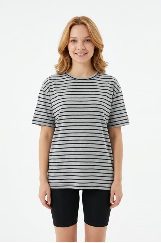 Kadın Yatay Çizgili Bisiklet Yaka Slim Fit Pamuklu Kısa Kollu Yazlık Tişört