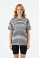 Kadın Yatay Çizgili Bisiklet Yaka Slim Fit Pamuklu Kısa Kollu Yazlık Tişört