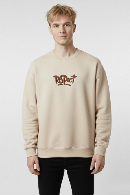 Erkek Bej Oversize Bisiklet Yaka Kabartma Baskılı Pamuklu Sweatshirt