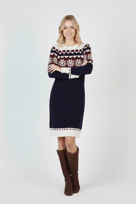 Kadın Lacivert Desenli Bisiklet Yaka Uzun Kollu Jakarlı Triko Kazak Elbise