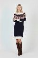 Kadın Lacivert Desenli Bisiklet Yaka Uzun Kollu Jakarlı Triko Kazak Elbise