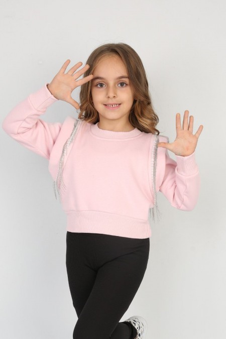 Üç İplik Şardonlu Pamuk Kumaş Pembe Crop Sweat 