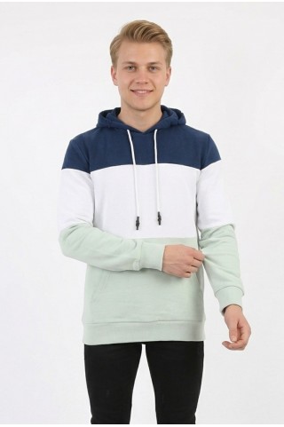 Erkek Üç İplik Şardonlu Kapüşonlu Parçalı Kanguru Cepli Günlük Sweatshirt