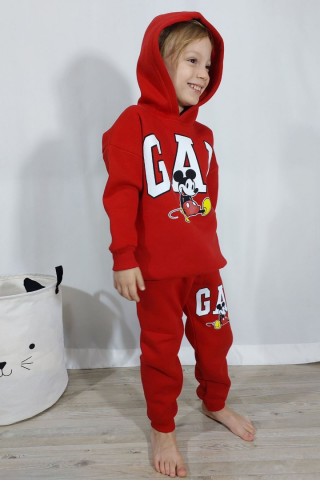 Üç İplik Şardonlu Kapşonlu Baskılı Kırmızı Takım 