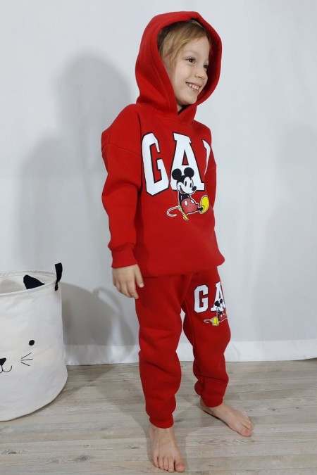 Üç İplik Şardonlu Kapşonlu Baskılı Kırmızı Takım 