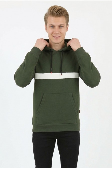 Erkek Üç İplik Kapşonlu Kalın Çizgili Kanguru Cepli Günlük Sweatshirt