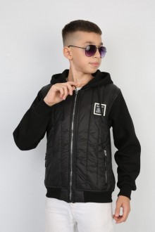 Üç İplik Kapşonlu Fermuarlı Baskılı Siyah Sweat