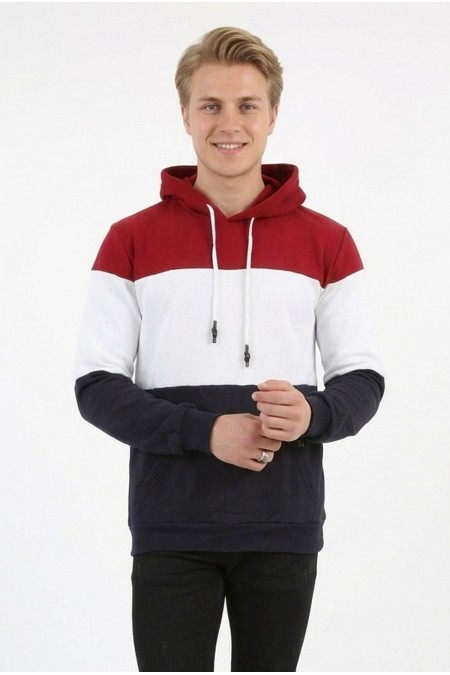 Erkek Üç İplik Şardonlu Kapüşonlu Parçalı Kanguru Cepli Günlük Sweatshirt