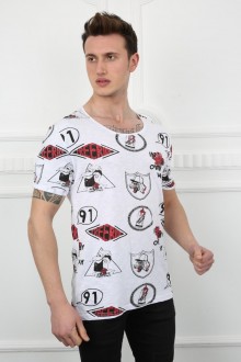 Erkek Karışık Grafik Baskılı Salaş Yaka Pamuklu Kısa Kollu Slim Fit Tişört