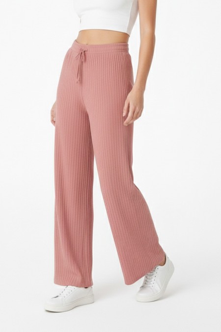 Kadın Pembe Yüksek Bel Fitilli Örme Bağcıklı Esnek Likralı Geniş Paça Pantolon