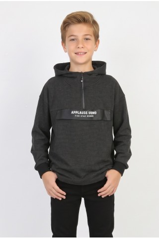 Yarım Fermuarlı Kapşonlu Baskılı Erkek Çocuk Günlük Sweatshirt