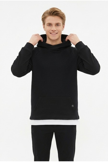 Erkek Üç İplik Şardonlu Kumaş Kapşonlu Kanguru Cepli Alttan Çıkmalı  Günlük Sweatshirt