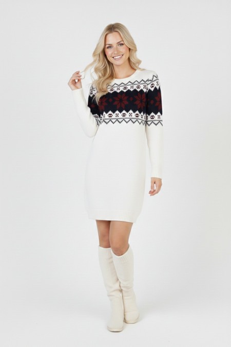 Kadın Beyaz Bel Desenli Bisiklet Yaka Standart Kol Jakarlı Örgü Triko Kazak Elbise