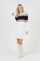 Kadın Beyaz Bel Desenli Bisiklet Yaka Standart Kol Jakarlı Örgü Triko Kazak Elbise
