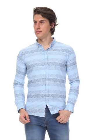 Full Likralı Desenli Mavi Gömlek