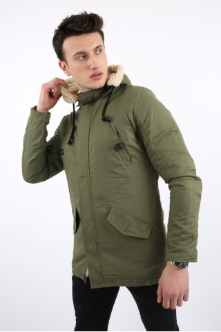 Kapşonlu İçi Kürklü Keten Yeşil Mont