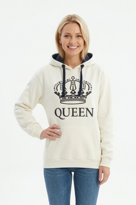 Kadın Beyaz Queen Yazılı Taç Baskılı Kapüşonlu Kanguru Cepli Sweatshirt