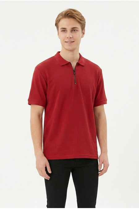 Erkek Fermuar Detaylı Polo Yaka Kısa Kollu Dokulu Slim Fit Örme Tişört