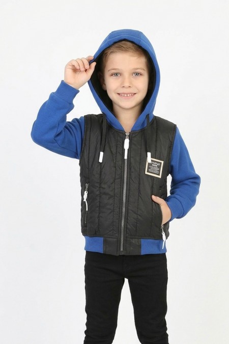  Erkek Çocuk Üç İplik Armalı Kapüşonlu Fermuarlı İçi Termal Kolları Polar Günlük Sweatshirt