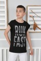  Sıfır Kol Baskılı % 100 Cotton Kumaş Siyah Tişört