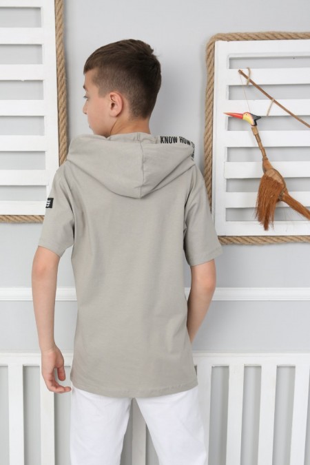 Kapşonlu Baskılı 100% Cotton Vizon Tişört