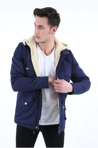 Kapşonlu İçi Kürklü Lacivert Mont