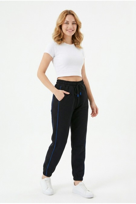 Kadın İki İplik Yanı İnce Çizgili Rahat Kesim Lastik Paçalı Cepli Günlük Spor Giyim Alt Eşofman