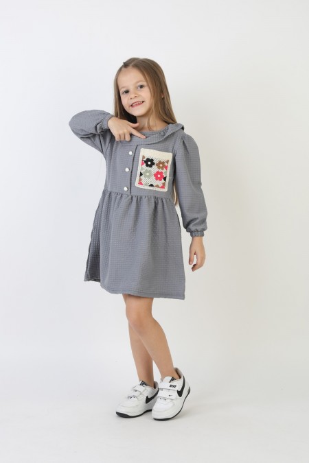 İşlemeli Gofre Kumaş Kız Çocuk Günlük Şık Rahat Ve Trend Elbise