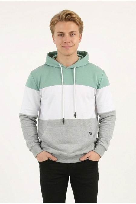 Erkek Üç İplik Şardonlu Kapüşonlu Parçalı Kanguru Cepli Günlük Sweatshirt