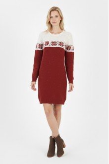 Kadın Kırmızı Kar Tanesi Desenli Bisiklet Yaka Uzun Kollu Jakarlı Mini Triko Kazak Elbise