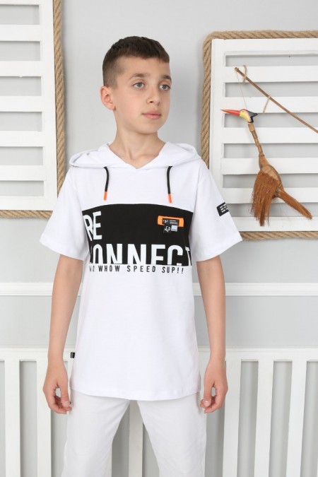 Kapşonlu Baskılı 100% Cotton Beyaz Tişört