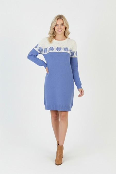 Kadın Mavi Kar Tanesi Desenli Bisiklet Yaka Uzun Kollu Jakarlı Mini Triko Kazak Elbise