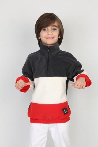 Full Polar Kumaş Yarım Fermuarlı Garnili Füme Beyaz Sweat