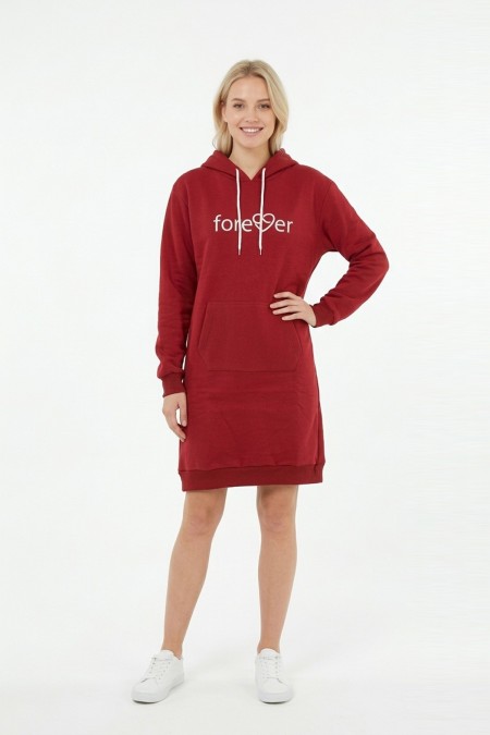Kadın Bordo Forever Baskılı Kapüşonlu Kanguru Cepli Uzun Sweatshirt Tunik Elbise