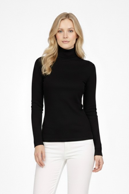 Kadın Siyah Balıkçı Yaka Uzun Kollu Fitilli Slim Fit Şık Günlük Triko Body